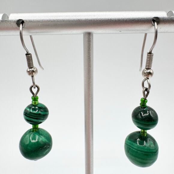 Green Malachite Gemstone Bead Earrings Dangle Lapidary Gem Earthy Forestcore - Picture 6 of 12